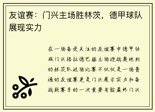 友谊赛：门兴主场胜林茨，德甲球队展现实力