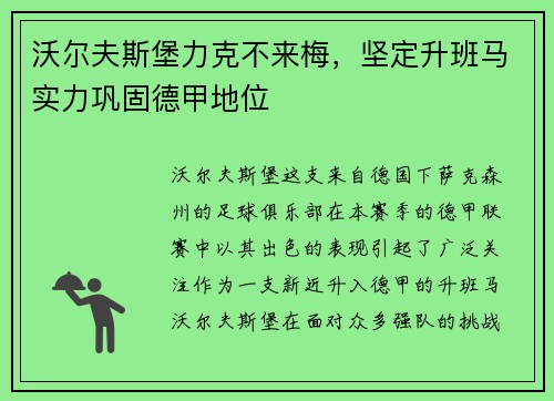 沃尔夫斯堡力克不来梅，坚定升班马实力巩固德甲地位