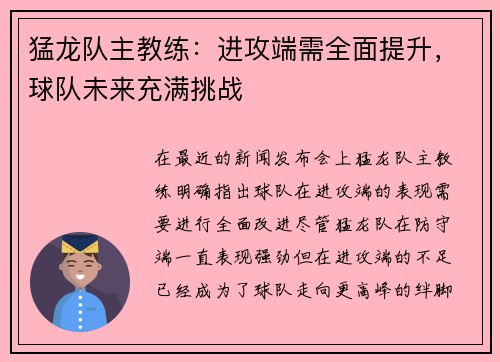 猛龙队主教练：进攻端需全面提升，球队未来充满挑战
