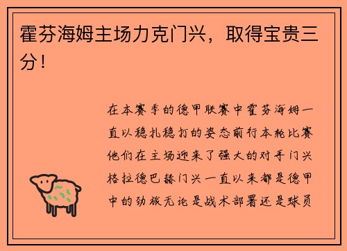 霍芬海姆主场力克门兴，取得宝贵三分！